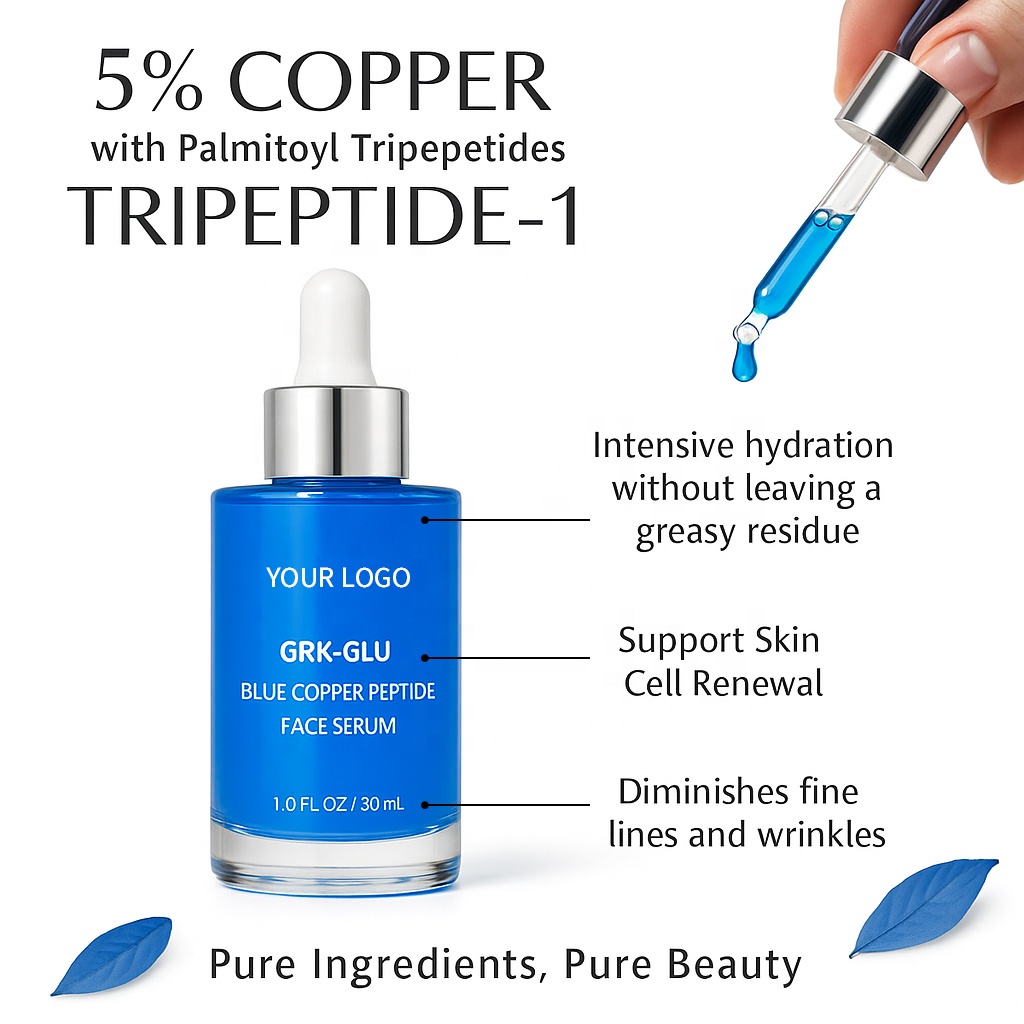 Private Label Anti-Aging Ghk-cu Collagen Face Serum Blue Copper Peptides Skincare Lifting Serum Booster