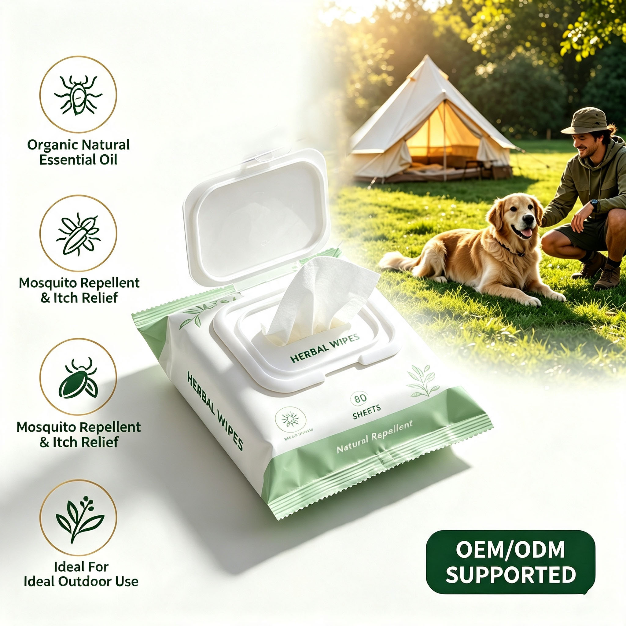 Custom Logo Organic Natural Essential Oil Anti Mosquito Anti Itch Outdoor Dog Grooming Pet Wet Wipes 80 Pcs with Lid