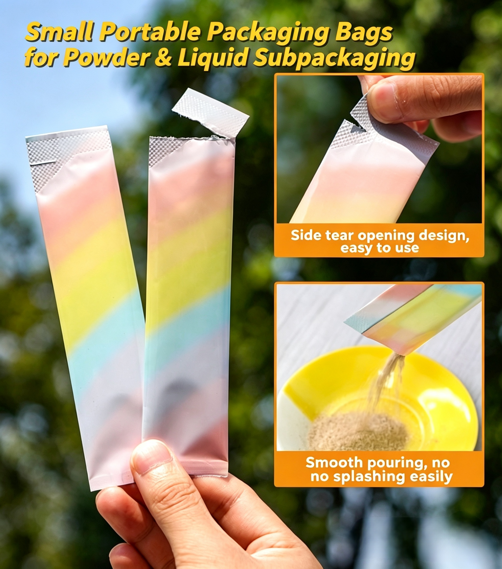 Custom Packaging and Printing Services Side Tear Small Stick Bags Powder Liquid Disposable Strip Sachet Packaging Bags