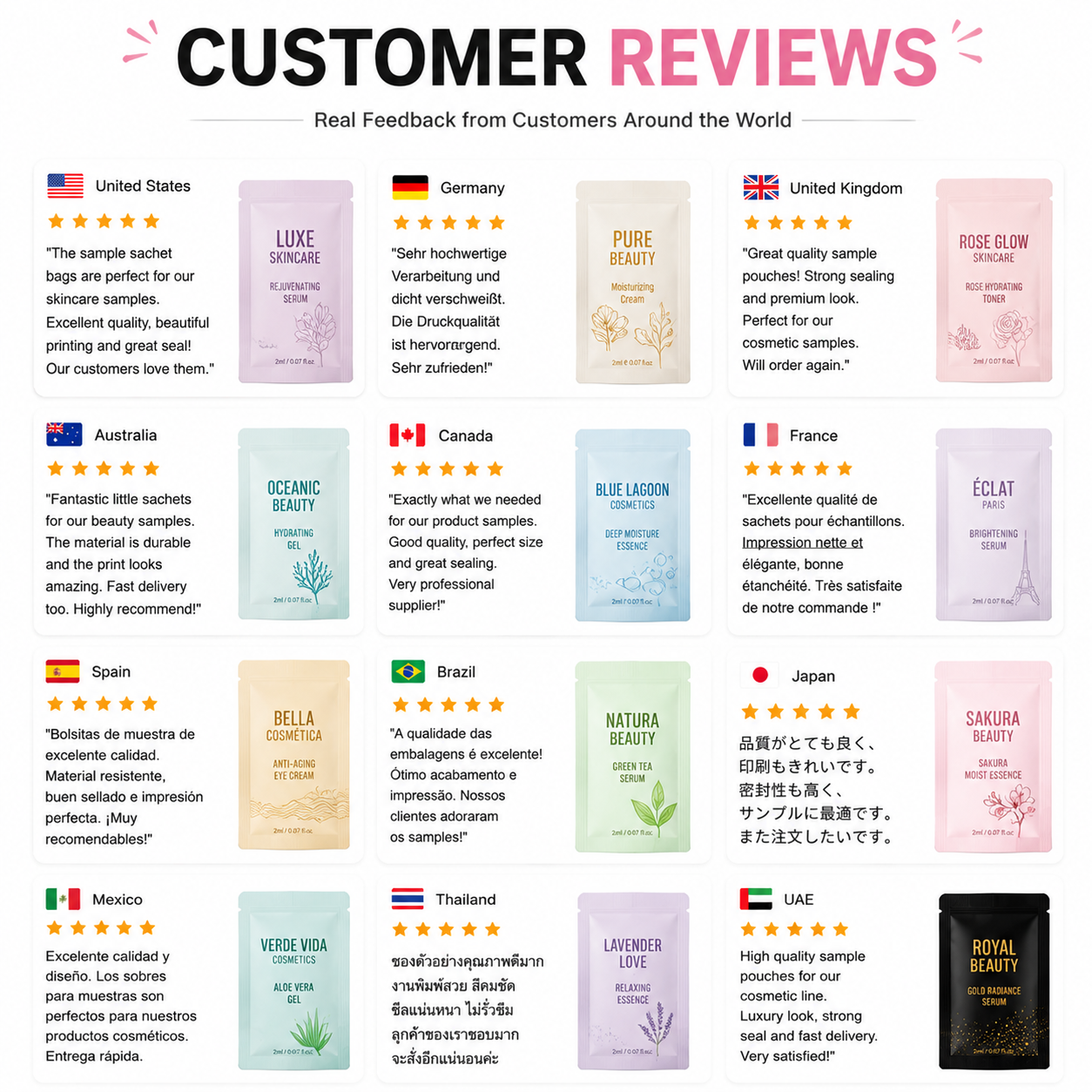 Three Side Seal High Barrier Disposable Cosmetic Sachet Custom Printing Service for Facial Serum and Moisturizing Cream